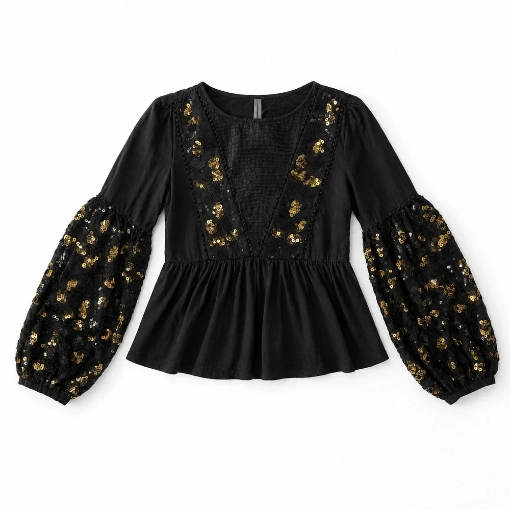 Anthropologie Black Gold Sequin Peplum Top Balloon Sleeve Boho Women Small